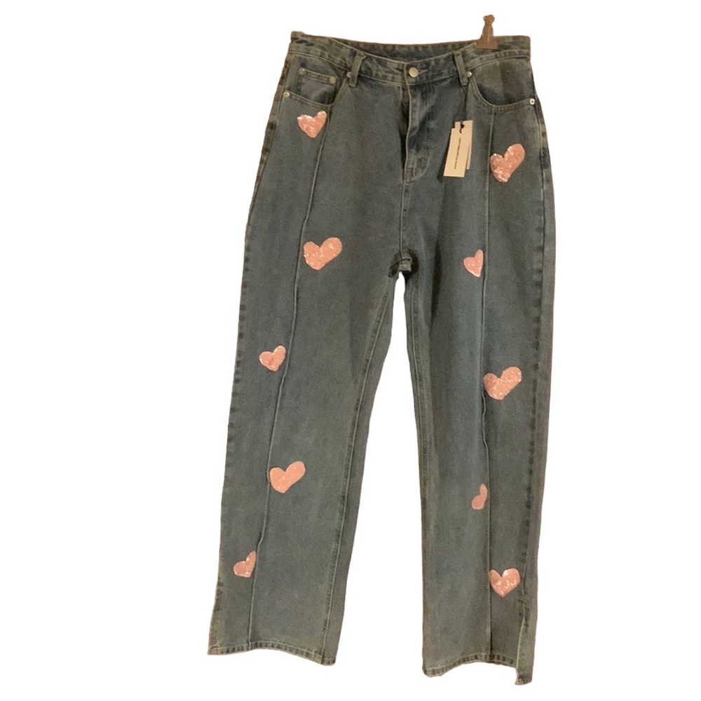 Heart-Patterned Boot Cut Jeans.  Fit Like A Size 10